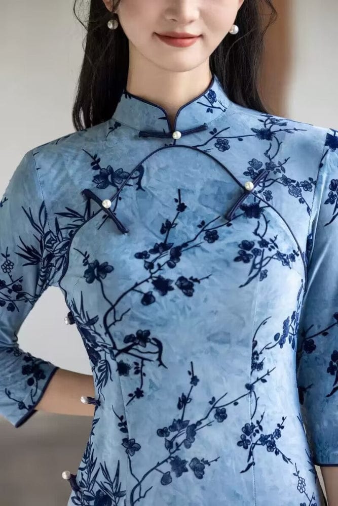 Beth and Brian Qipao-HYY Fall collection, flocking fabric, Plum blossom midi Cheongsam