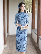 Beth and Brian Qipao-HYY Fall collection, flocking fabric, Plum blossom midi Cheongsam