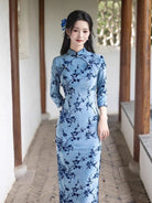 Beth and Brian Qipao-HYY Fall collection, flocking fabric, Plum blossom midi Cheongsam