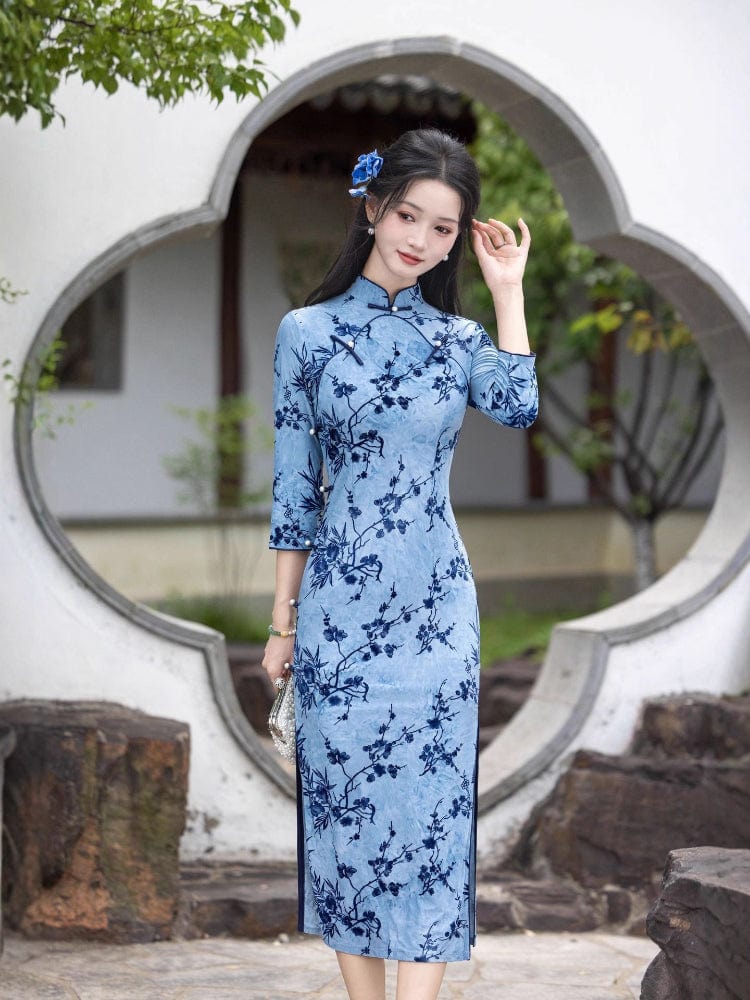 Beth and Brian Qipao-HYY Fall collection, flocking fabric, Plum blossom midi Cheongsam