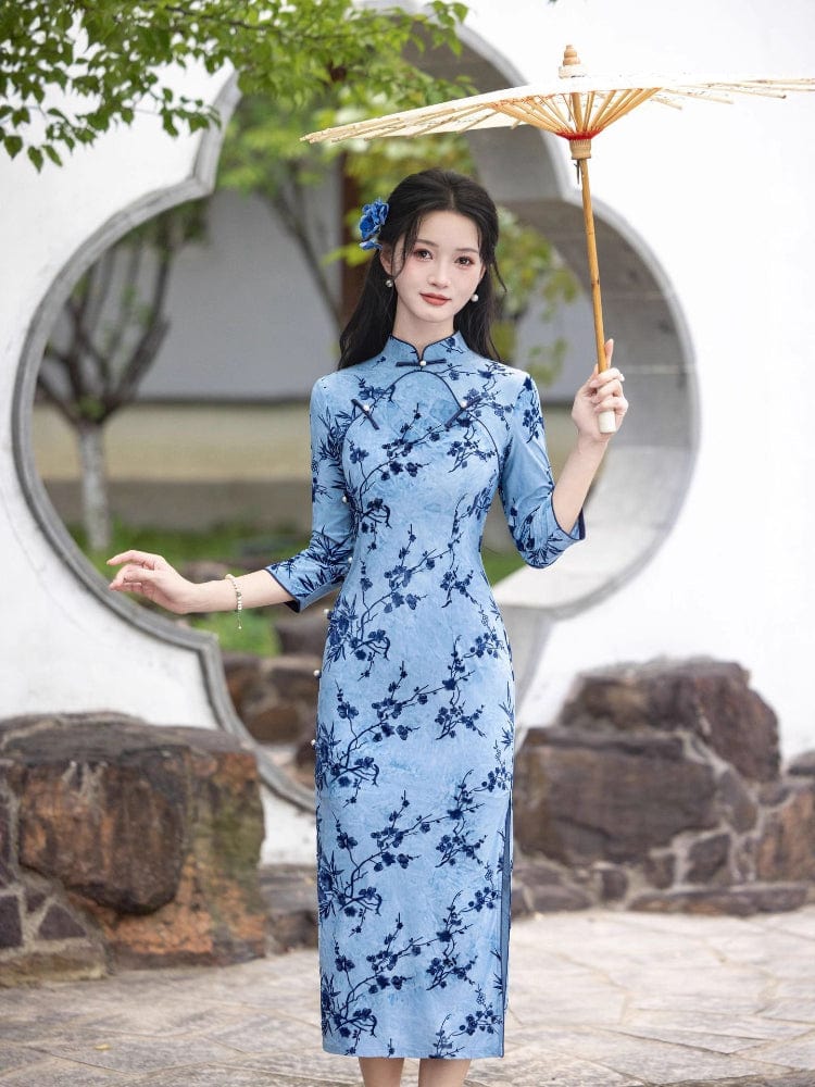 Beth and Brian Qipao-HYY Fall collection, flocking fabric, Plum blossom midi Cheongsam