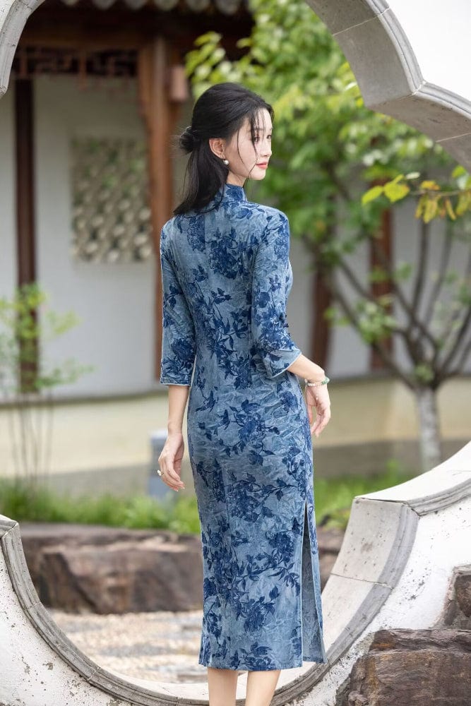 Beth and Brian Qipao-HYY Flocking fabric, floral grey-blue midi Cheongsam