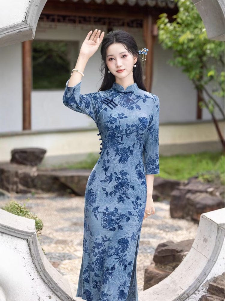 Beth and Brian Qipao-HYY Flocking fabric, floral grey-blue midi Cheongsam