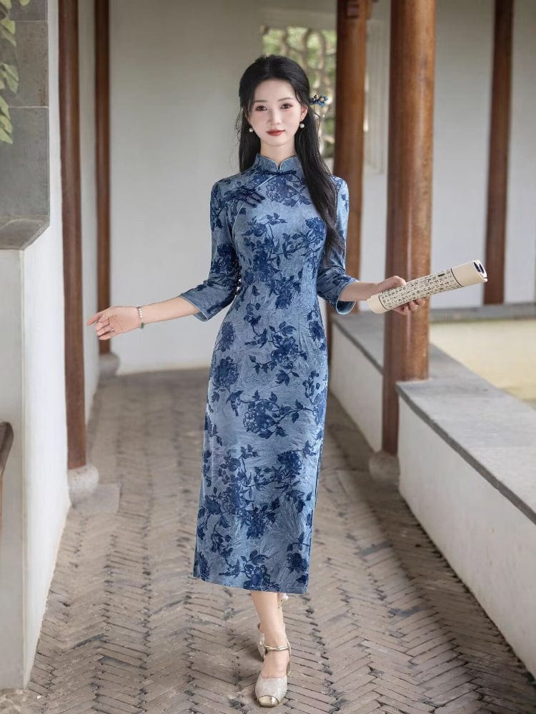 Beth and Brian Qipao-HYY Flocking fabric, floral grey-blue midi Cheongsam