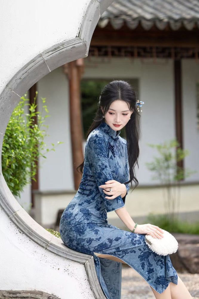 Beth and Brian Qipao-HYY Flocking fabric, floral grey-blue midi Cheongsam