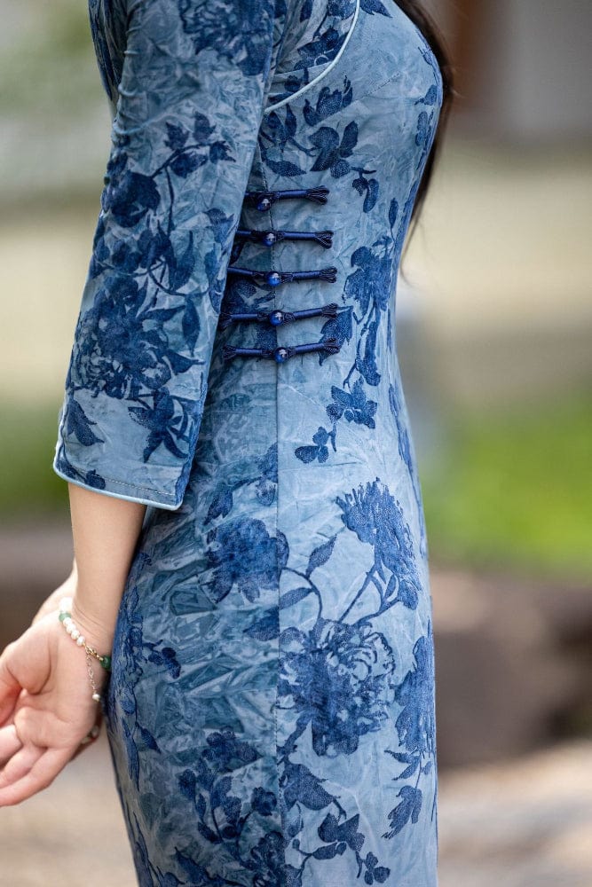 Beth and Brian Qipao-HYY Flocking fabric, floral grey-blue midi Cheongsam
