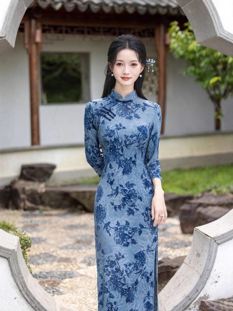 Beth and Brian Qipao-HYY Flocking fabric, floral grey-blue midi Cheongsam