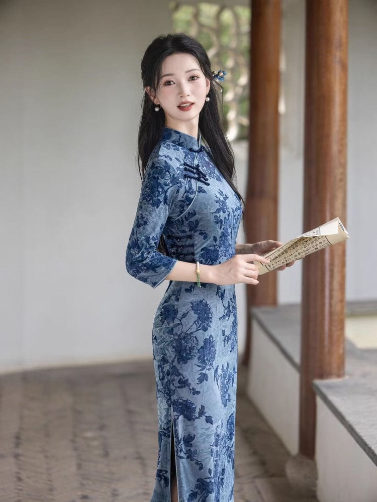 Beth and Brian Qipao-HYY Flocking fabric, floral grey-blue midi Cheongsam