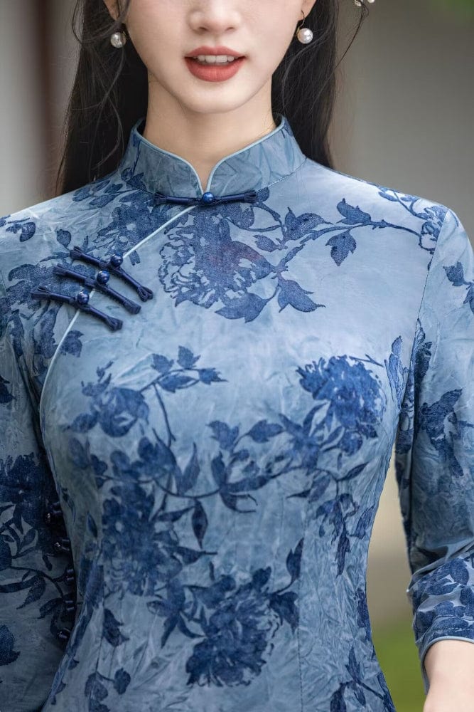 Beth and Brian Qipao-HYY Flocking fabric, floral grey-blue midi Cheongsam