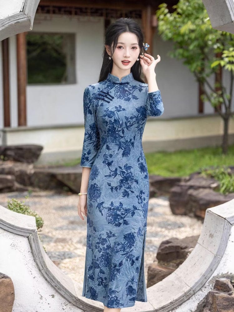 Beth and Brian Qipao-HYY Flocking fabric, floral grey-blue midi Cheongsam