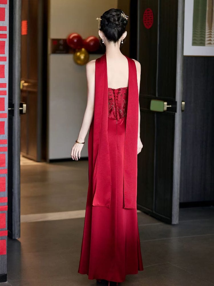 Beth and Brian Qipao-GR Tube top, New Chinese style (新中式), floral floor length Cheongsam