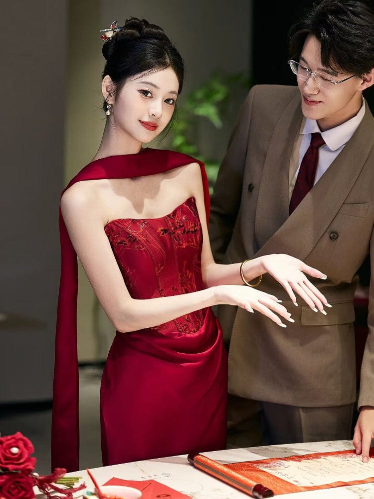 Beth and Brian Qipao-GR Tube top, New Chinese style (新中式), floral floor length Cheongsam