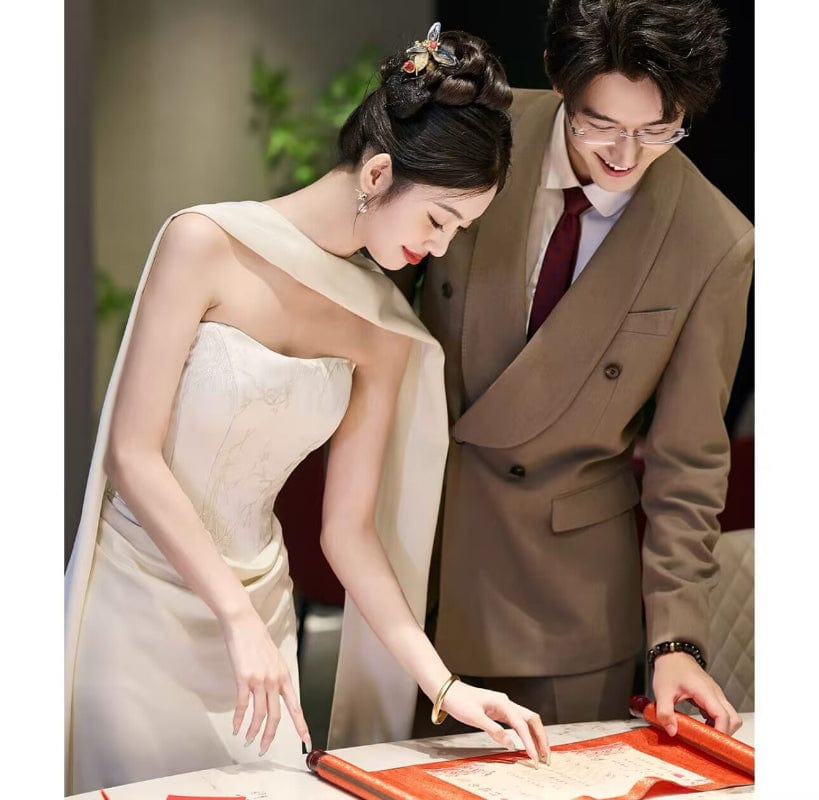 Beth and Brian Qipao-GR Tube top, New Chinese style (新中式), floral floor length Cheongsam