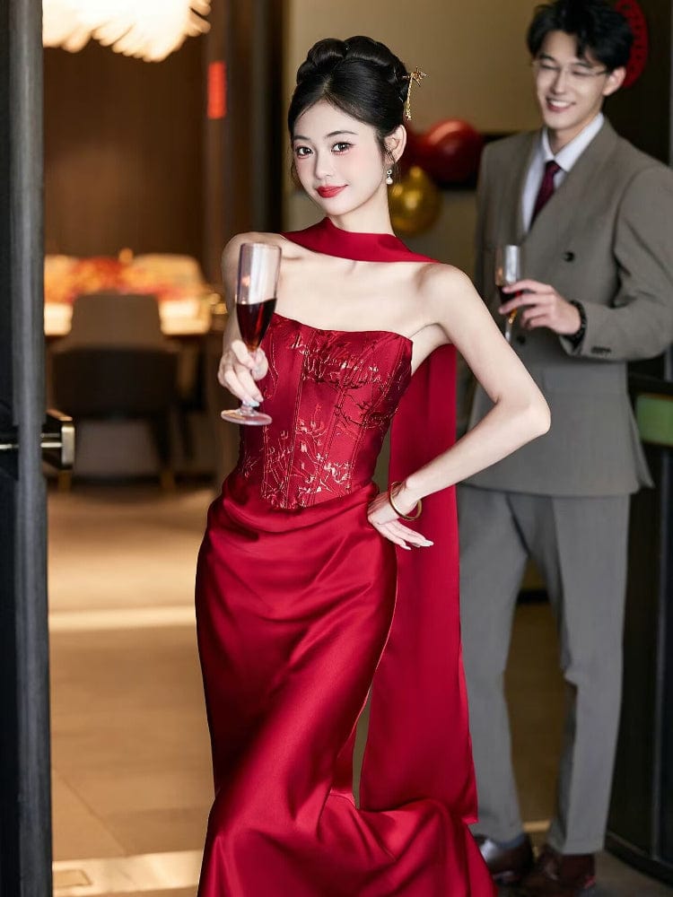 Beth and Brian Qipao-GR Tube top, New Chinese style (新中式), floral floor length Cheongsam