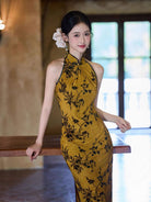 Beth and Brian Qipao-JLM Flocking fabric, halter floral midi Cheongsam
