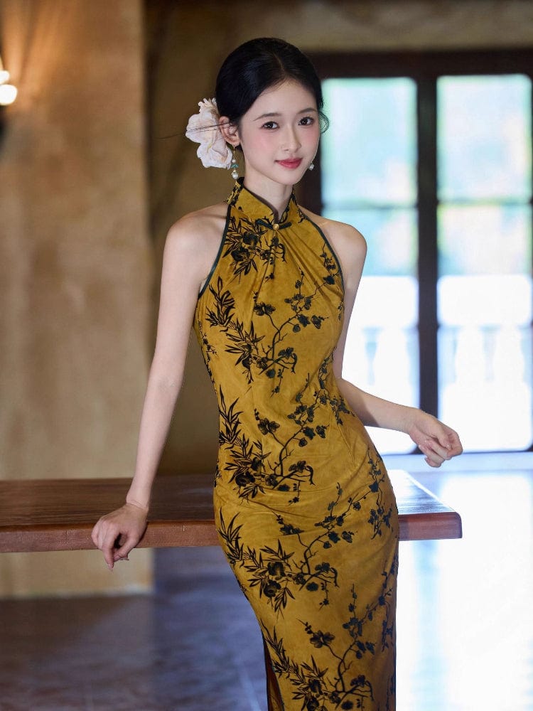 Beth and Brian Qipao-JLM Flocking fabric, halter floral midi Cheongsam