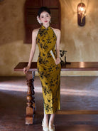 Beth and Brian Qipao-JLM Flocking fabric, halter floral midi Cheongsam