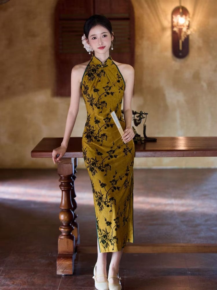 Beth and Brian Qipao-JLM Flocking fabric, halter floral midi Cheongsam