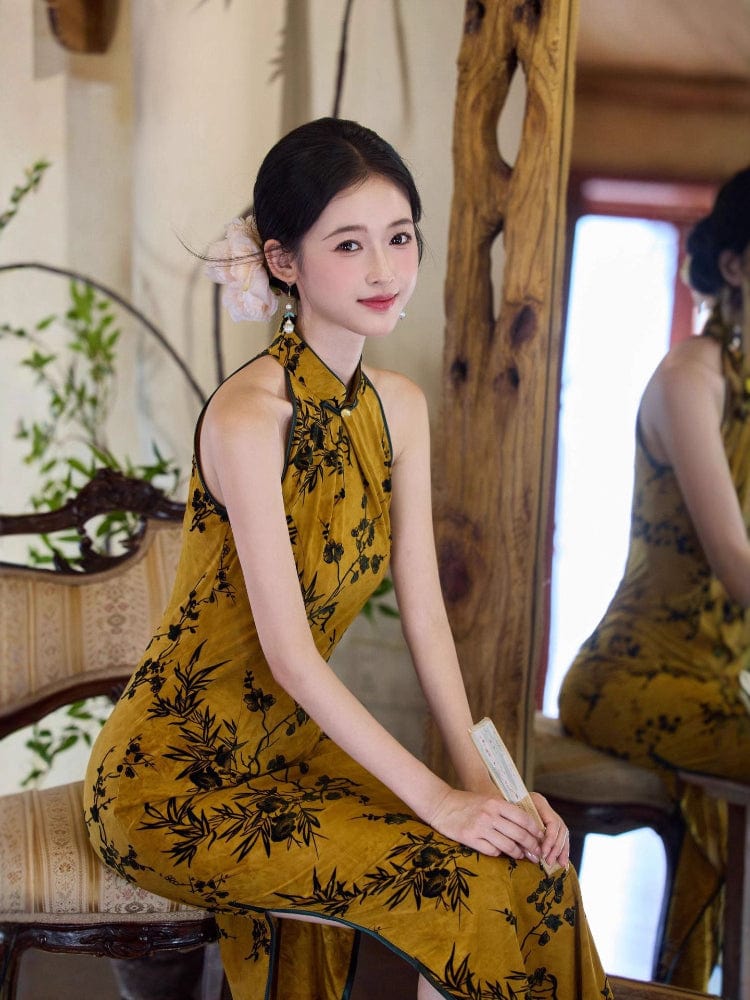 Beth and Brian Qipao-JLM Flocking fabric, halter floral midi Cheongsam