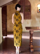 Beth and Brian Qipao-JLM Flocking fabric, halter floral midi Cheongsam