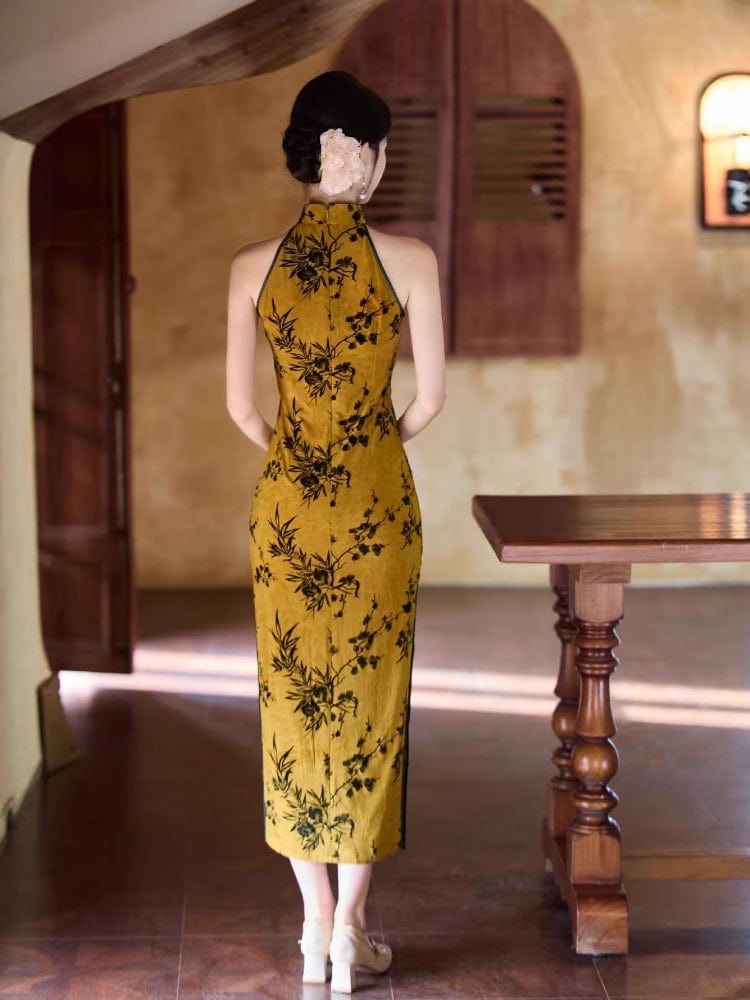 Beth and Brian Qipao-JLM Flocking fabric, halter floral midi Cheongsam