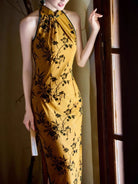 Beth and Brian Qipao-JLM Flocking fabric, halter floral midi Cheongsam