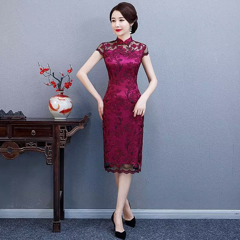 Beth and Brian Qipao-YSD Floral pattern, wedding lace mid-length Cheongsam
