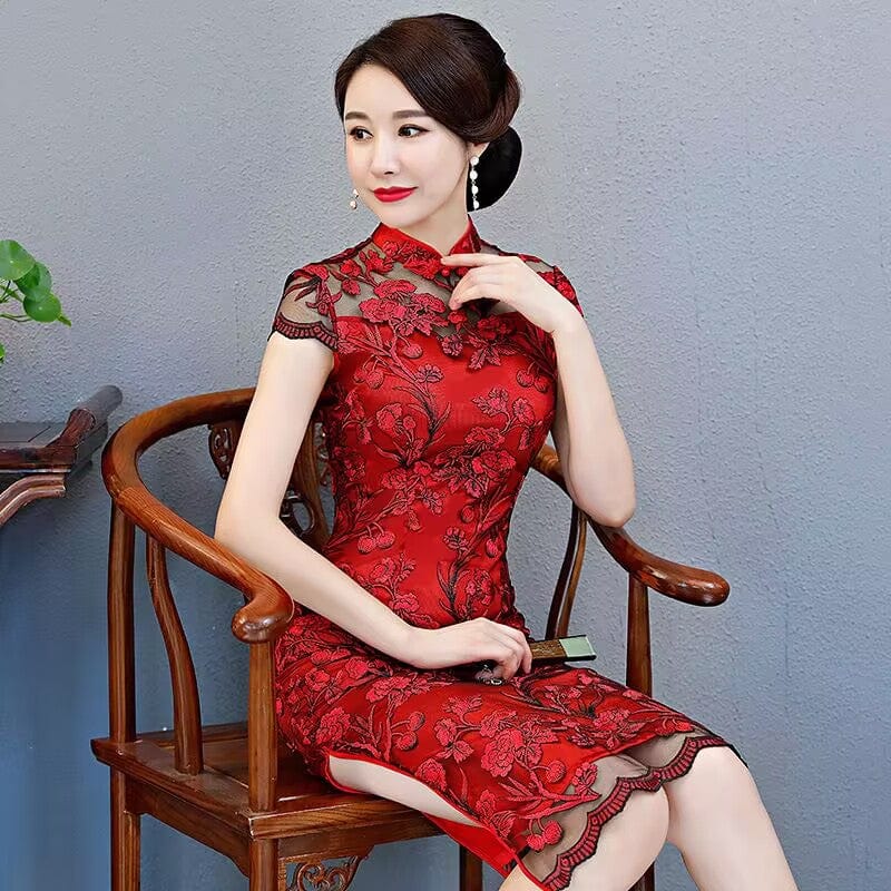 Beth and Brian Qipao-YSD Floral pattern, wedding lace mid-length Cheongsam