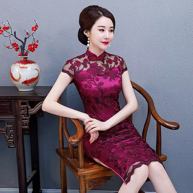 Beth and Brian Qipao-YSD Floral pattern, wedding lace mid-length Cheongsam