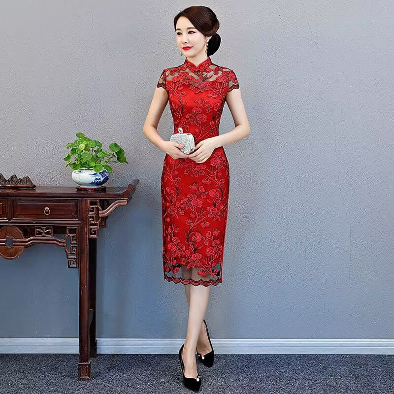 Beth and Brian Qipao-YSD Floral pattern, wedding lace mid-length Cheongsam