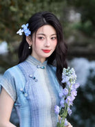 Beth and Brian Qipao-JLM Stripe pattern, silk hemp midi Cheongsam with raglan-sleeve