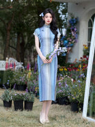 Beth and Brian Qipao-JLM Stripe pattern, silk hemp midi Cheongsam with raglan-sleeve