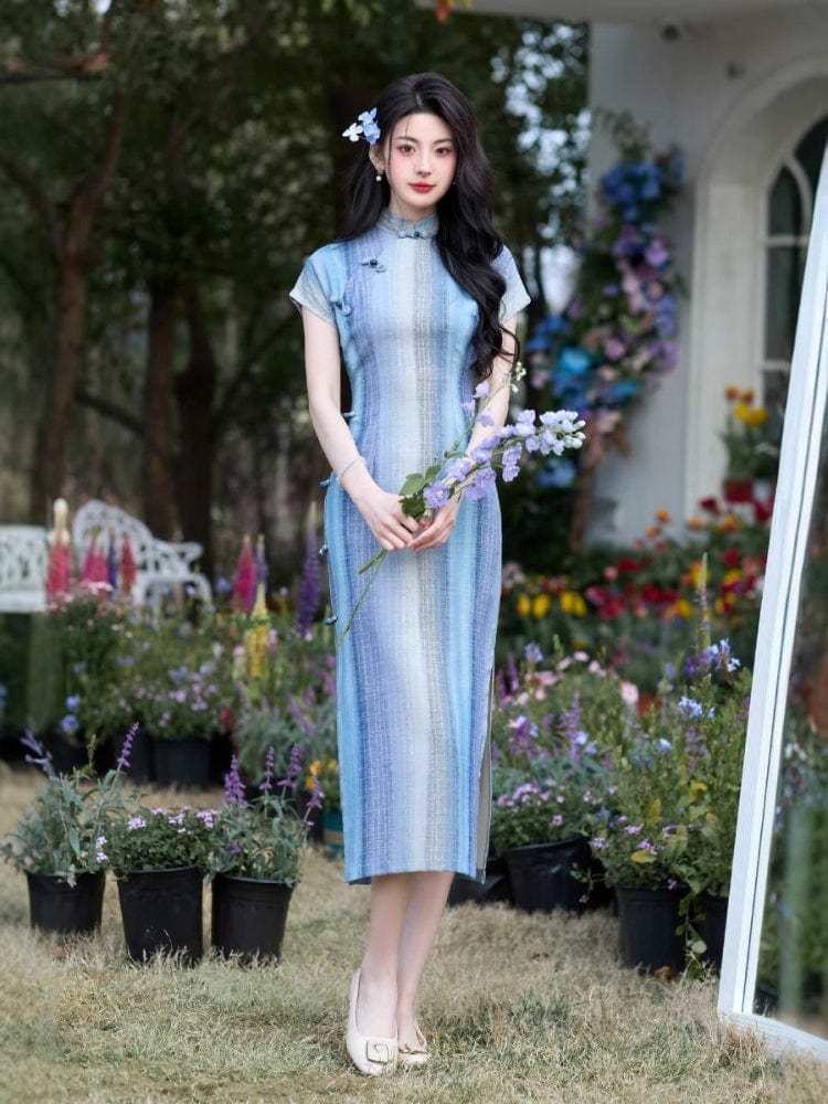 Beth and Brian Qipao-JLM Stripe pattern, silk hemp midi Cheongsam with raglan-sleeve