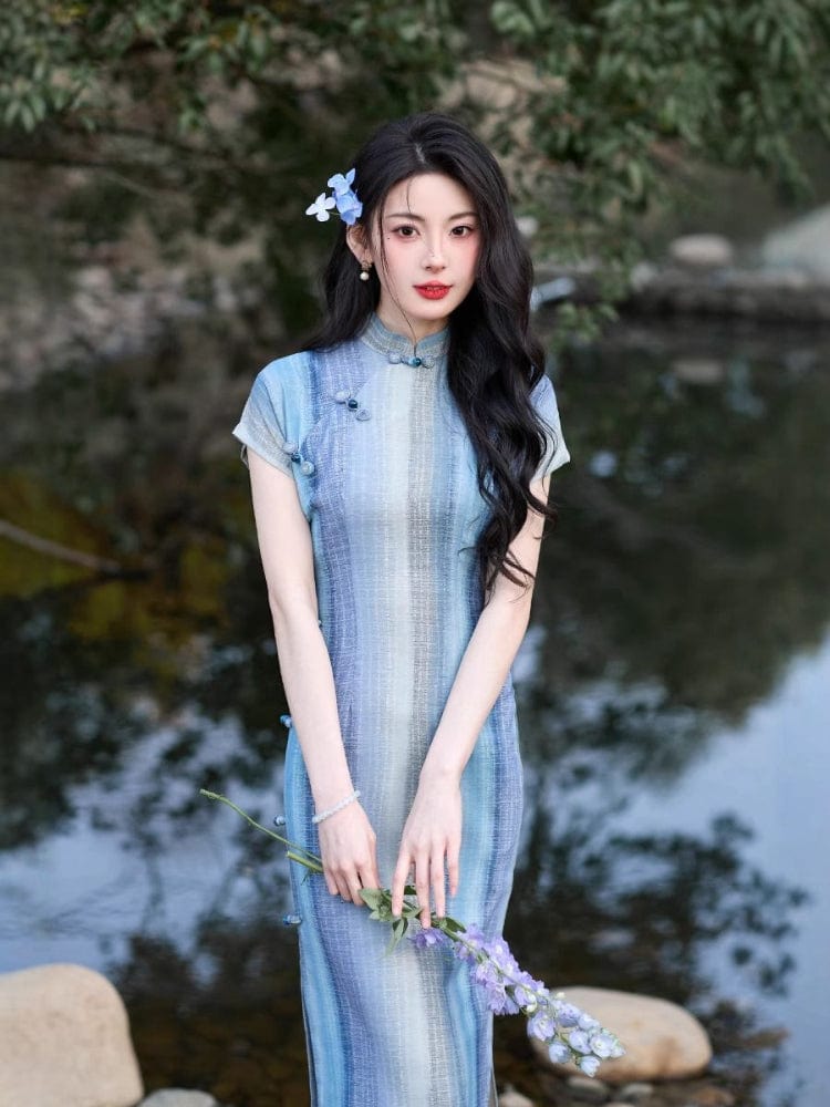 Beth and Brian Qipao-JLM Stripe pattern, silk hemp midi Cheongsam with raglan-sleeve