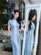 Beth and Brian Qipao-JLM Stripe pattern, silk hemp midi Cheongsam with raglan-sleeve