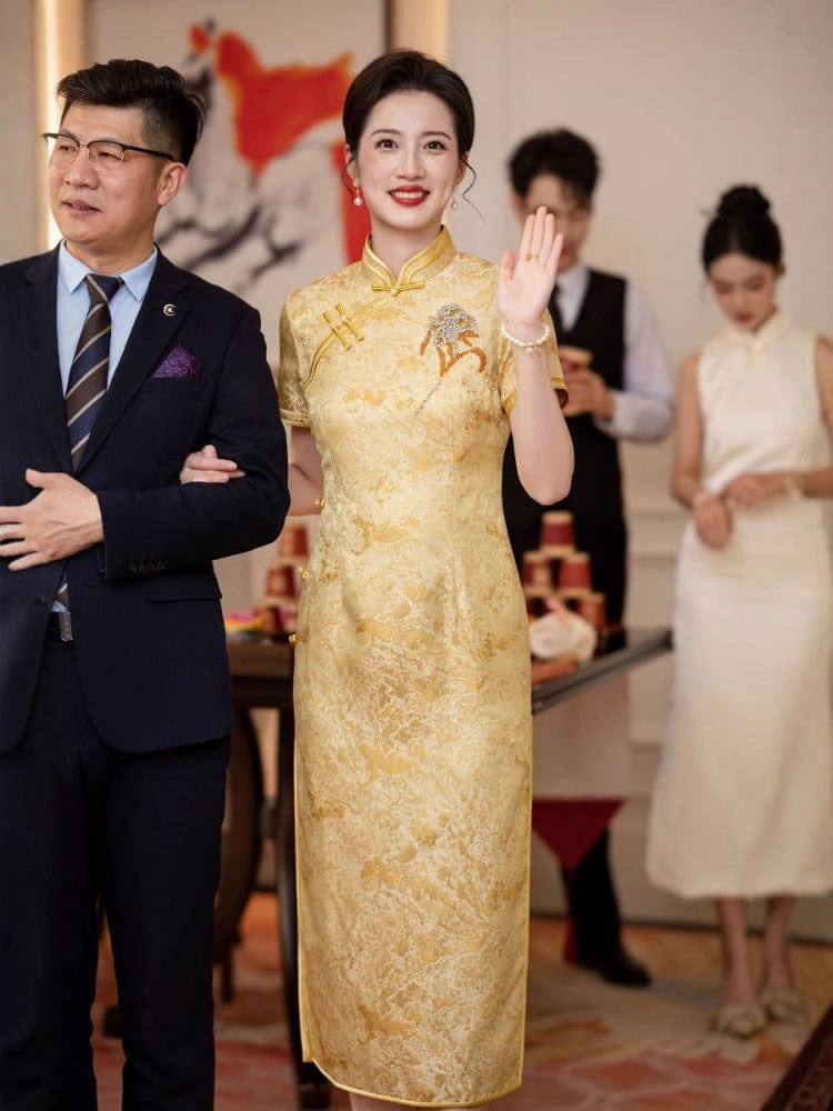 Beth and Brian Qipao-HYY Floral pattern, yellow midi Cheongsam for mother