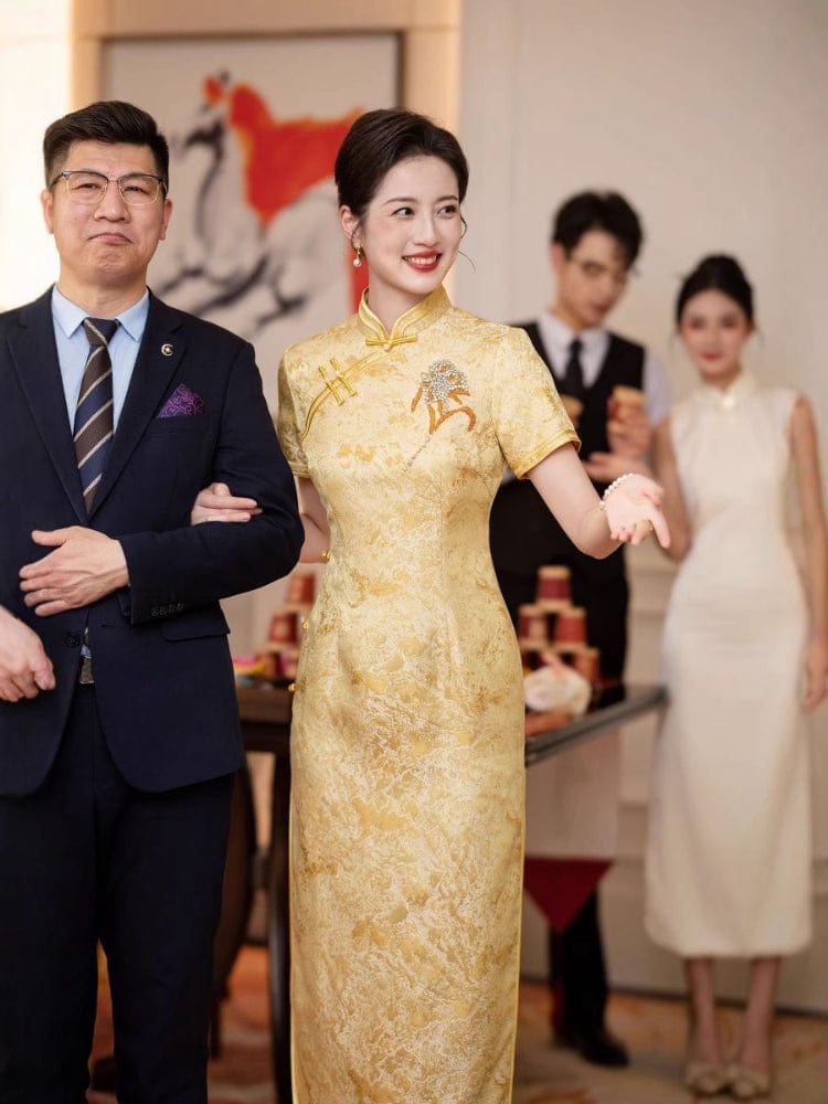 Beth and Brian Qipao-HYY Floral pattern, yellow midi Cheongsam for mother
