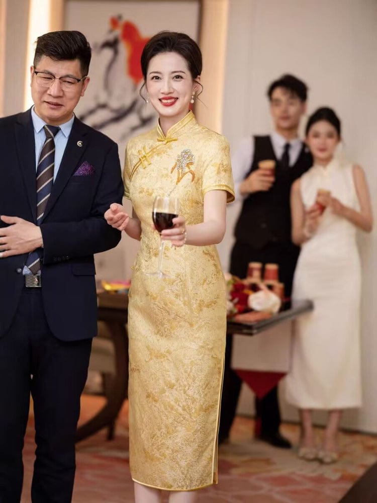 Beth and Brian Qipao-HYY Floral pattern, yellow midi Cheongsam for mother