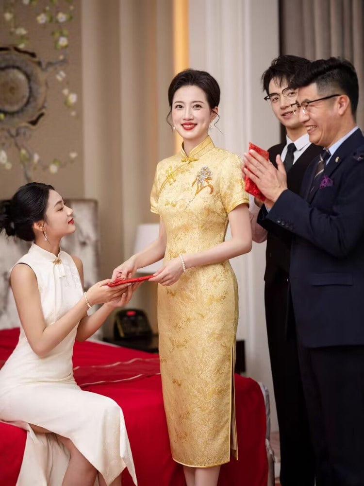 Beth and Brian Qipao-HYY Floral pattern, yellow midi Cheongsam for mother