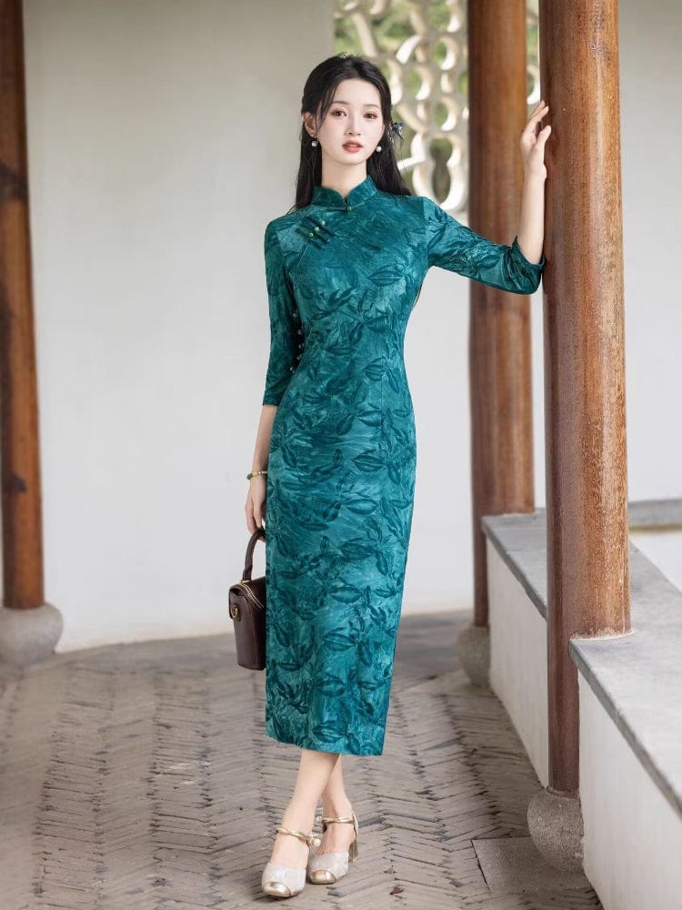 Beth and Brian Qipao-HYY Flocking fabric, leaf midi Cheongsam