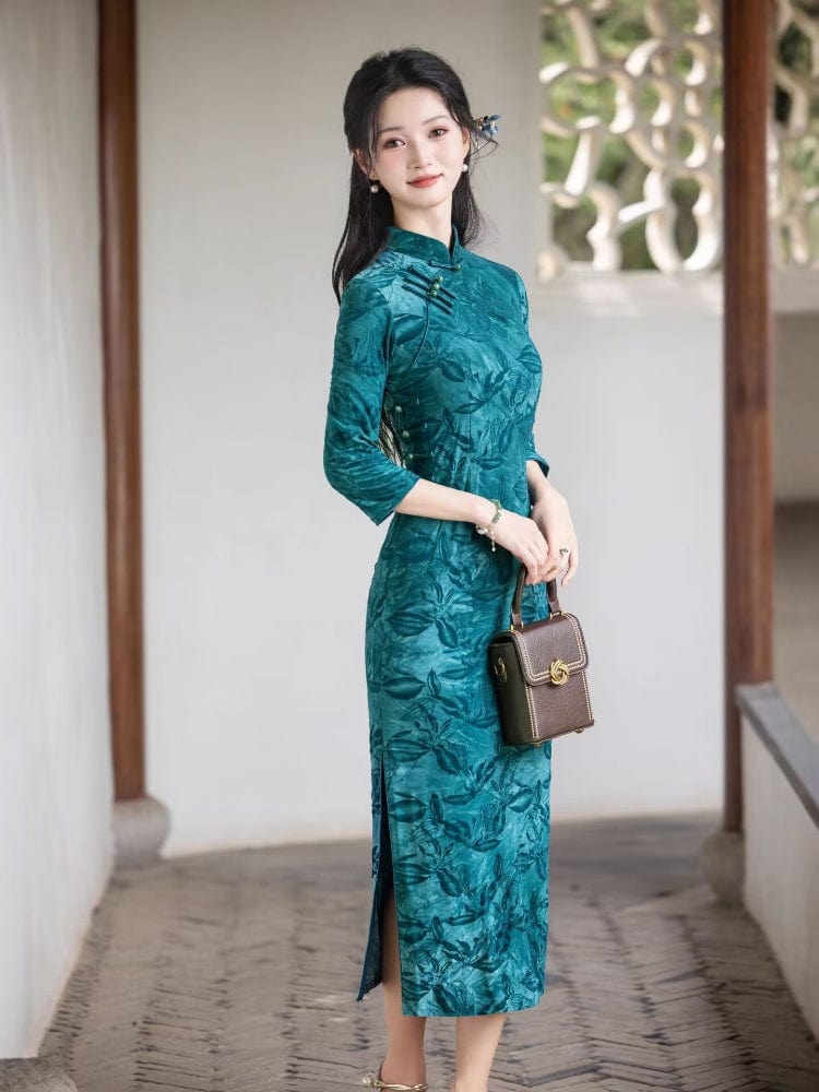 Beth and Brian Qipao-HYY Flocking fabric, leaf midi Cheongsam
