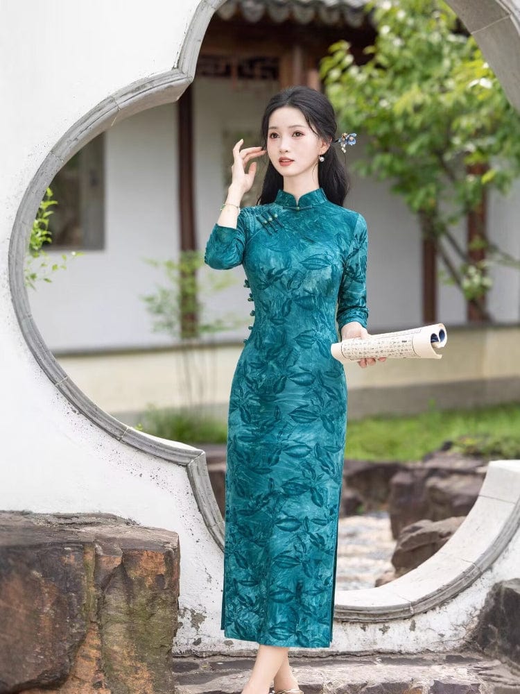 Beth and Brian Qipao-HYY Flocking fabric, leaf midi Cheongsam