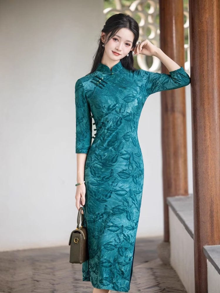 Beth and Brian Qipao-HYY Flocking fabric, leaf midi Cheongsam