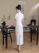 Beth and Brian Qipao-HYY Koi fish pattern, beige midi Cheongsam