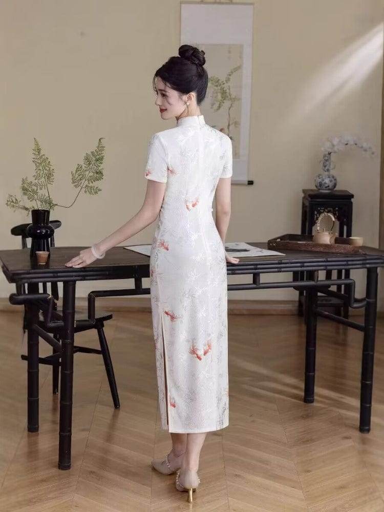 Beth and Brian Qipao-HYY Koi fish pattern, beige midi Cheongsam