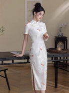 Beth and Brian Qipao-HYY Koi fish pattern, beige midi Cheongsam