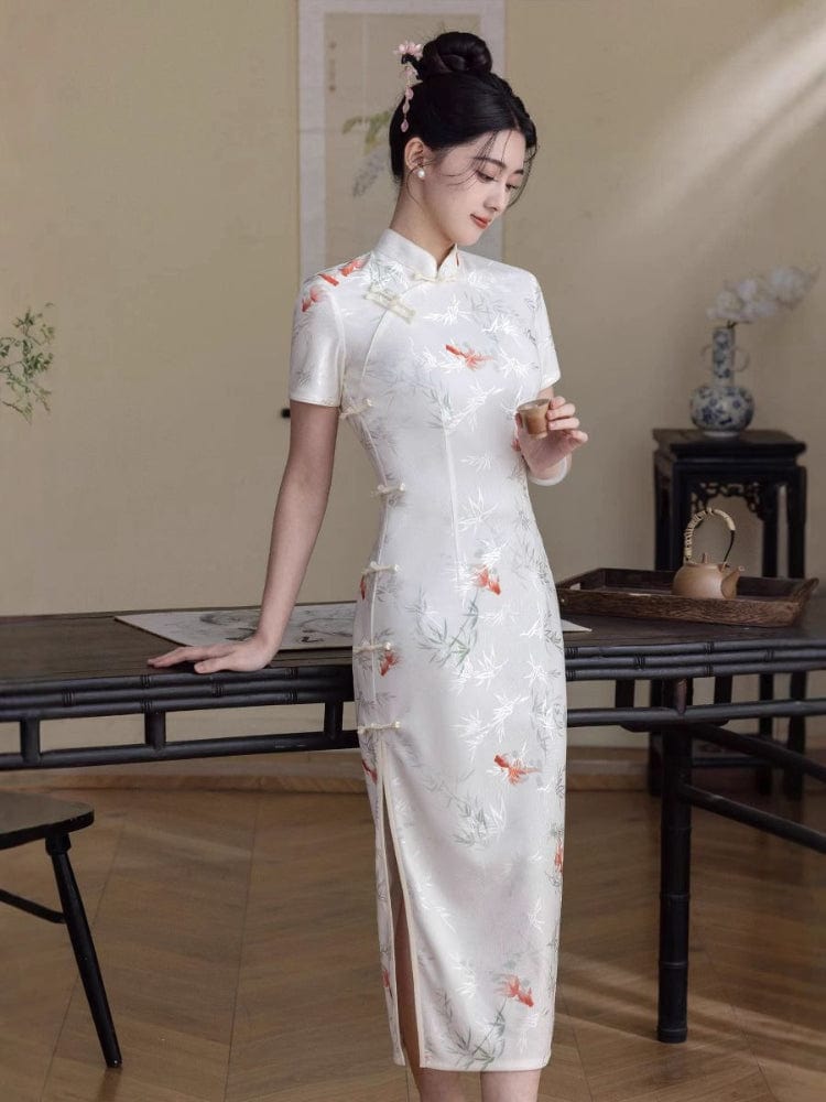Beth and Brian Qipao-HYY Koi fish pattern, beige midi Cheongsam