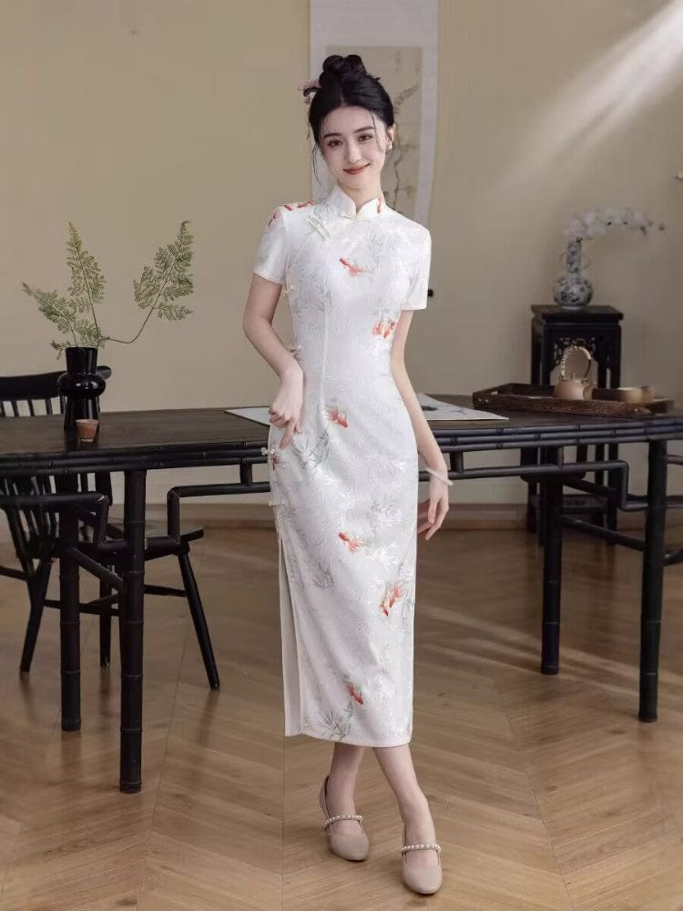 Beth and Brian Qipao-HYY Koi fish pattern, beige midi Cheongsam