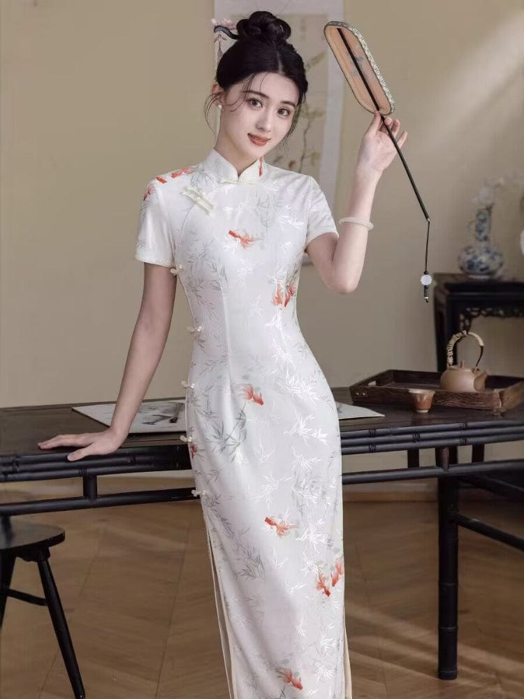 Beth and Brian Qipao-HYY Koi fish pattern, beige midi Cheongsam