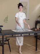 Beth and Brian Qipao-HYY Koi fish pattern, beige midi Cheongsam